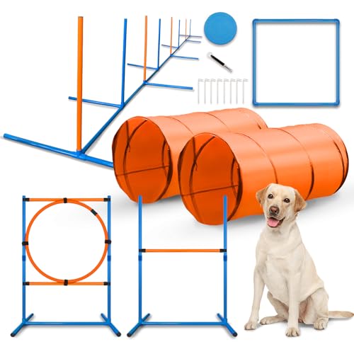 YON.SOU. Dog Agility Course Backyard Set 16 Pcs Agility Training Equipment for Dogs Obstacle Course Kit with 2 Tunnels,Weave Poles,Jumps,Pause Box, Indoor and Outdoor