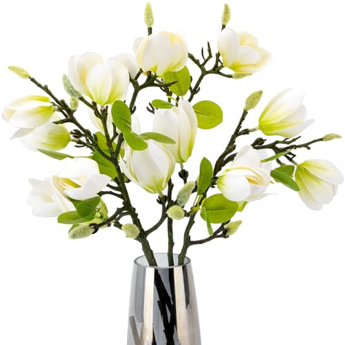 6 PCS 27inch Artificial Magnolia Flowers 3D Real Touch 24 Heads Faux Magnolia Flower buds Realistic Long Stem with lush Green Leaves for Home Wedding Table Office Floral Arrangement Decoration (White)