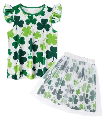 COTRIO Girls St Patricks Day Shirt Outfit Tulle Skirt Set Toddler 2-Piece Ruffle Sleeve Shamrock Print T-Shirt Tutu Dress Kids Clover Clothes Size 6-7 Years (Green)
