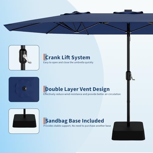 15FT Rectangular Patio Umbrella with Base Included - Large Patio Umbrella with Crank Handle, UV Protection for Outdoor Market, Backyard, Pool - Navy Blue