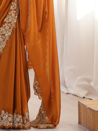 Image of AKHILAM Women's Satin Embroidered Sequins Work Saree With Unstitched Blouse Piece (AARYAN22901 KR Parent)