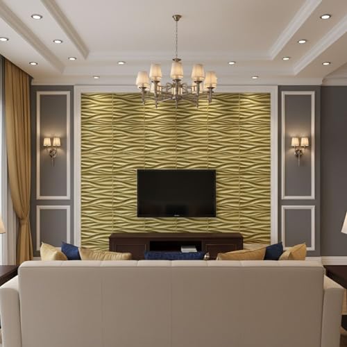 Image of Kayra Decor 3D PVC Wall Panels Wave Design - Golden Color | 19.7 inch x 19.7 inch (Pack of 40) - Covers 107.60 Sq. Ft | Premium Home & Office Wall Decoration