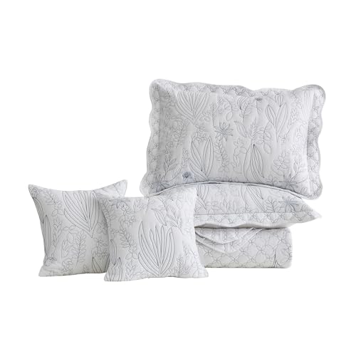 CHIXIN Botanical Oversized Bedspread King Size - Leaves Pattern Stitching Quilt Set - Elegant & Fresh Style Bedding Coverlets, Reversible, Lightweight, 5 Piece, White by CHIXIN - Used condition - Image 8