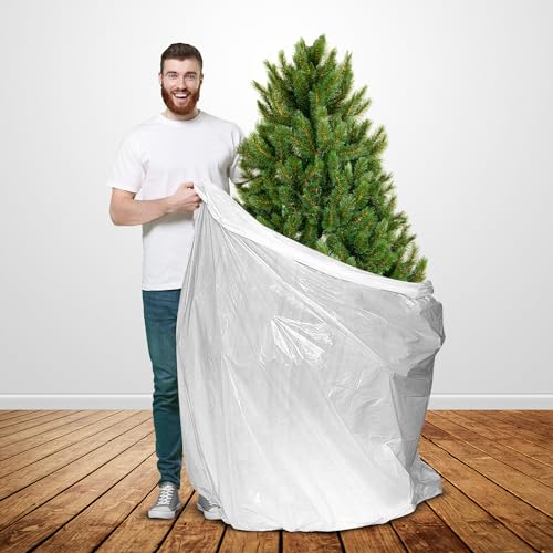 jumbo christmas tree removal storage and disposal bag – extra large plastic bags container to cover xmas trees up to 9feet 5inch, heavy duty, disposable, bio friendly, made in usa(white) byhomesphere