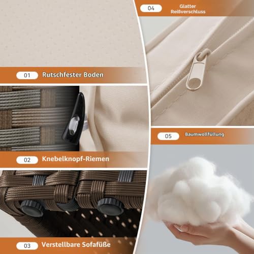 Aoxun Gartenmöbel Set Polyrattan 3-teilig mit 7,5cm dicken Kissen & Glas-Couchtisch… – Ansicht 5