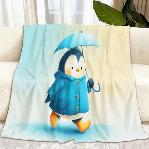 Generisch Fleece Kuscheldecke, Weich Wohndecke Cartoon Natur Tiere Pinguin Tagesdecke für Kinder Mädchen Jungen Jugendliche - überwurfdecke Hellblau Decke für Sofa Couch & Bett, 100 x 130 cm