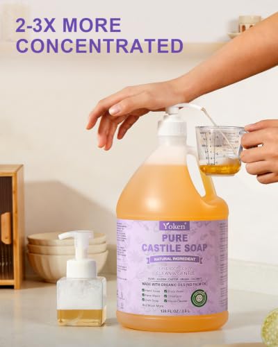 Image of Yoken EWG Verified Lavender Castile Soap Liquid, 1 Gallon Bulk Size, Made with Certified Organic Oils, Gentle Lavender Soap for Body Wash, Hands, Dishes, Laundry & More, Natural Versatile Cleanser