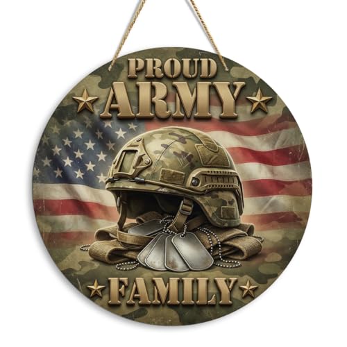 Proud Usa Army Family Door Sign American Military Patriotic 4th of July Veterans Day Wood Round Hanger Decor Sign for Home Office Wall Front Door Gifts for Army Mom Dad Family Sign1022