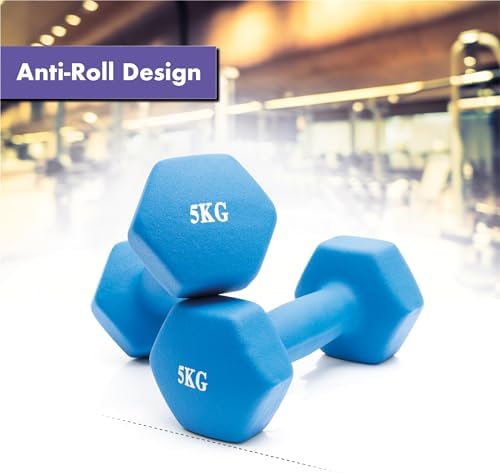 Bestfor Pair of 5kg Hex Anti Roll Non Slip Neoprene Dumbbell Weights For Exercise, Fitness, Workouts, Lifting with Exercise Chart