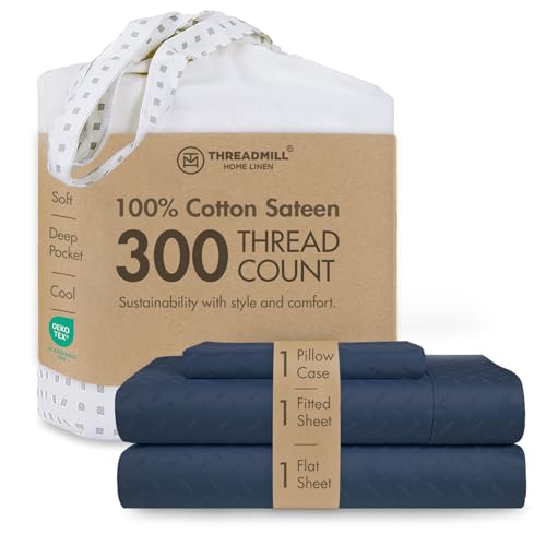 Image of Threadmill 300TC Cotton Twin Sheet Set, Sateen, Jacquard, Folkstone Blue | 100% Cotton, Sateen Weave, Jacquard Pattern, 3-Piece Set, 16 inch Deep Pocket, All-Around Elastic, Cooling, Breathable