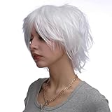 Benehair Short Synthetic Straight Wigs, Unisex Cosplay Fashion Fluffy Wigs for Men & Women - Short Spiky Layered Anime Style in White - Perfect for Halloween Parties