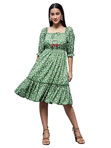 Image of Miss Chase Women's Wrap Floral Square Neck 3 /4 Sleeve Ruffled Knee Length Dress