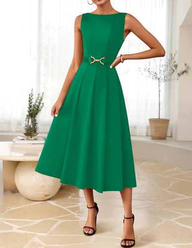 Image of ZESICA Women Summer Sleeveless Midi Dresses 2026 Elegant Boat Neck A Line Tie Waist Spring Cocktail Party Dress