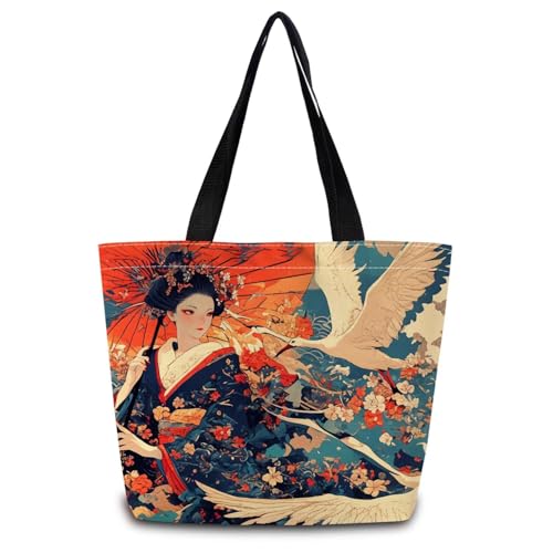 Japaniese Geisha Crane Tote Bag Reusable Grocery Bags Cute Aesthetic Shopping Shoulder Handbag with Interior Pocket Lightweight & Washable Stylish Japaniese Geisha Present for Women