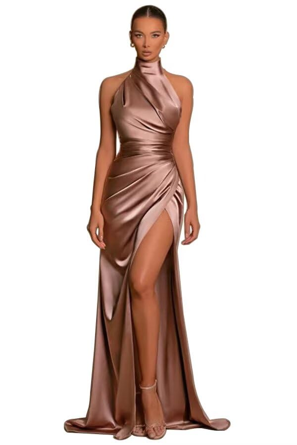 Image of Halter Bridesmaid Dresses Long with Slit Satin Prom Dress Pleated Mermaid Formal Gown Evening Dress
