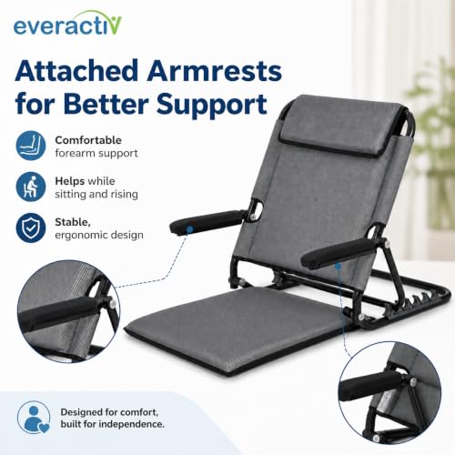 Image of Everactiv Adjustable Bed Back Support with Armrest, Foldable 6 Position Bed Rest Chair for Elderly, Reading, Resting & Recovery