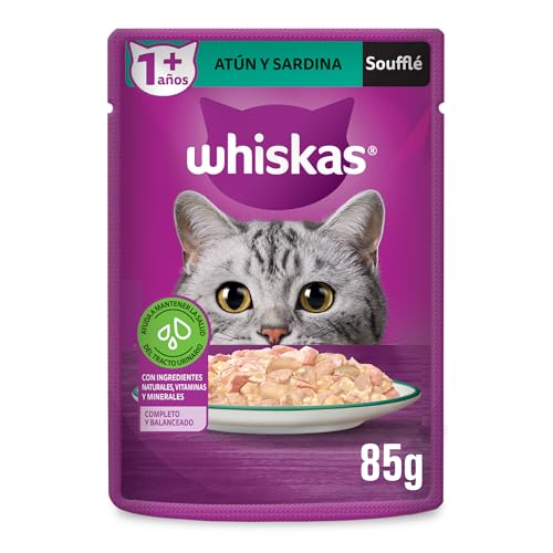 Whiskas Alimento Húmedo para Gatos Adultos, Sabor Soufflé Atún y Sardina 85g c/u. Paquete de 24 Unidades