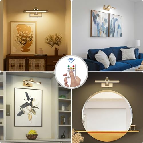 Image of Tassuowell Rechargeable Picture Light with Remote Control,12 Inch Brass Finish Adjustable Wireless Art Lighting Fixture,Painting Lights with Timer,3 Color Temperature and Dimmable