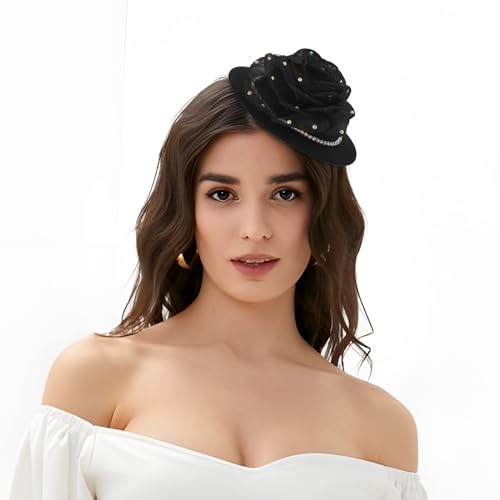 Bohend Fascinator Hat Flower Black Vintage Derby Hat Tea Party Wedding Hair Accessories with Rhinestone for Women and Girls2