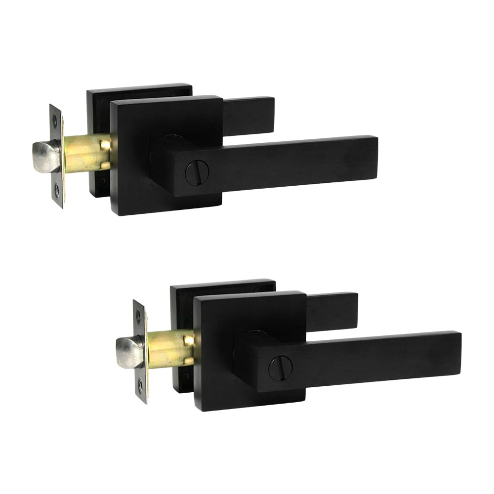 SUNTAI 2 Pack Matte Black Interior Privacy Door Lever, Heavy Duty Door Lever Handle, Square Plate Keyless Door Lockset for Bedroom/Bathroom