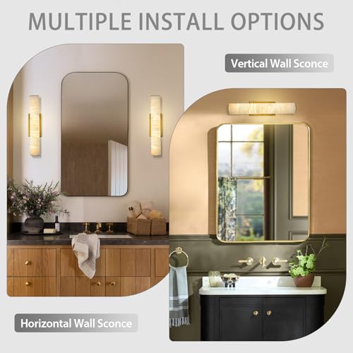 Image of 20 inch Alabaster Wall Sconce Hardwired, Spanish Natural Marble Sconces, Brass Bathroom Vanity Light, Dimmable Stone Wall Sconces Warm White, Linear Gold Alabaster Wall Light for Living Room Hallway, 1PC