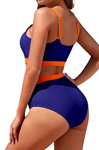 Image of Womens High Waisted Bikini Sets Sporty Crop Top Color Block Swimwear Bandeau Scoop Neck Vintage Two Piece Bathing Suits