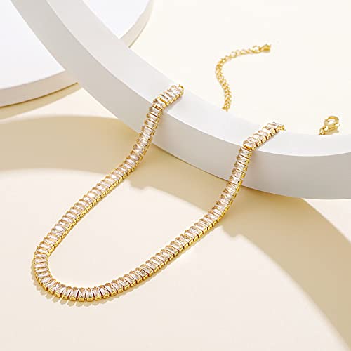 Kissyan Gold Tennis Necklace For Women, 14K Gold Plated Cubic Zirconia Baguette Tennis Chain Paperclip Link Cuban Choker Dainty Jewelry Gifts(White) #TOP6
