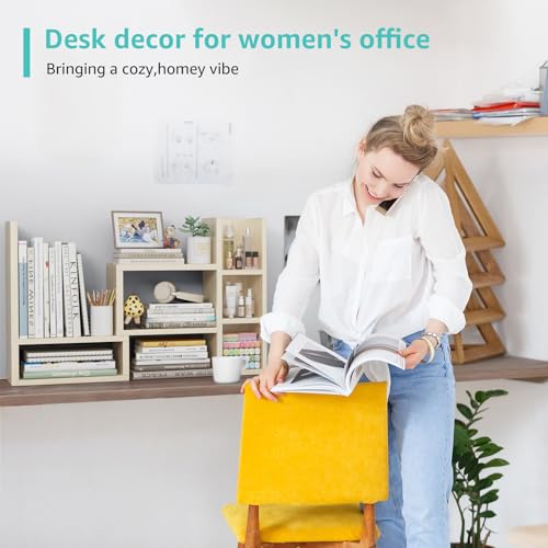 Image of NUTIKAS Desk Shelves Desktop Organizer Shlef - Natural Wood Tone Office Organization for Top of Desk Organizers and Accessories Corner Bookshelf Table Top Shelving Small Hutch Decorations for Office