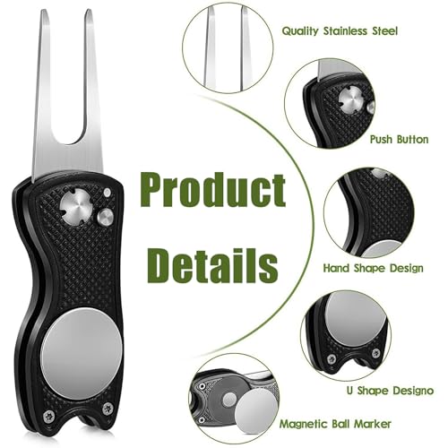 Funngy Golf Reparatur Pitchgabel,Pitchgabel Golf Set Edelstahl Faltbare Divot Reparaturgabel mit Magnetischem Ballmarker Pop-up-Taste und Double Prong Tragbares Golf Zubehör für Green und Platz