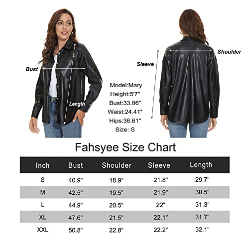 Fahsyee Women Faux Leather Shacket, Moto Biker Shirts Loose Fit Blazer With Long Sleeves Button Casual Jacket Black Plus Size M #TOP6
