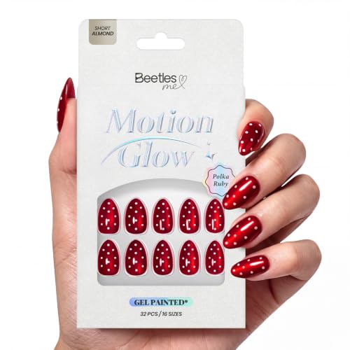 Image of Beetles Red Press On Nails Short Almond, Halloween Cat Eye Polka Dot | 32 PCS 16 Sizes False Nails, Glue & Adhesive Tabs Included, Salon-style Manicure in 10 Minutes, All-in-One Complete Kit