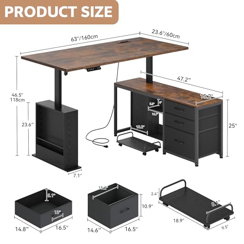 Image of 63 Inch L Shaped Desk with 3 Drawers Electric Standing Desks with Storage Computer Table Adjustable Height with Power Outlets 4 Memory Presets for Home Office, Rustic Brown