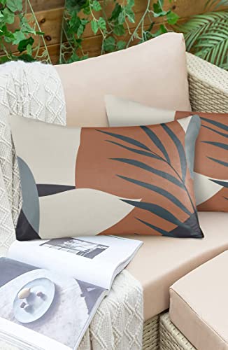 Edwiinsa Outdoor Pillow Covers Waterproof, Abstract Tropical Color Block All Weather Cushion Case Set of 2, Green Plants Leaves Lumbar Pillowcase for Sofa Couch Bed Decor Patio Furniture 20