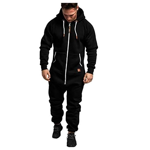 WUAI Onesie Men's Hooded Jumpsuit Zip Up One Piece Pajamas Playsuit Jogger Sweatsuit Overall Romper (Black,X-Large)