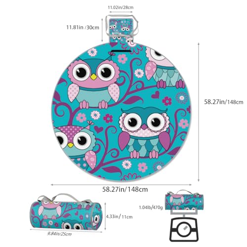 Shimoshe Blue Pink Owl Picnic Outdoor Blanket Foldable Waterproof Sandproof Beach Blanket Portable Water-Resistant Round Picnic Mat for Travel Camping Park Lawn