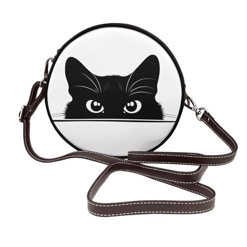Black Cat Head Peeking Women Round Crossbody Bags Leather Sling Bag Purse