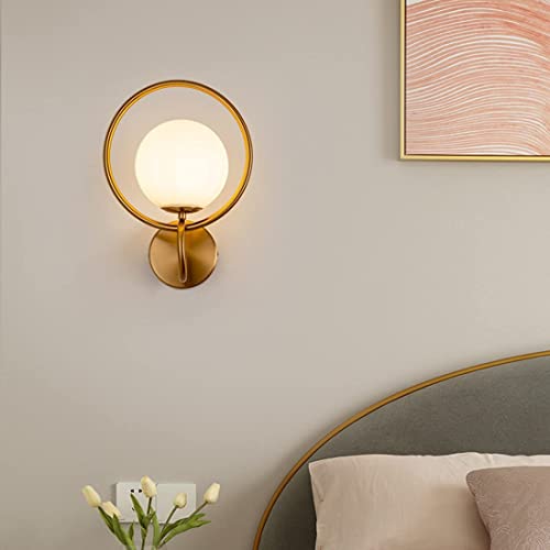 Image of WOKE Mid Century Sconces Lighting 1-Light Antique Golden Bathroom Vanity Light Round Glass Globe Wall Mount Lamp for Bedside Living Room Hallway Foyer (GoldColor & Without Bulb) 78945
