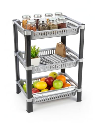 Image of U-Max Multi Tire Kitchen Storage Rack, Plastic Utility Shelf Organiser, Space Saving Storage Solution, Revolving Vegetable Rack (Silver, 3)