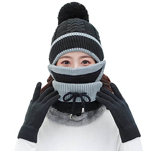 Winter Hat Scarf Set for Women Knit Fleece Lining Beanie Scarf Mouth Cover Set