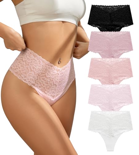 Image of SHARICCA Women Seamless High Waist Underwear Sexy Floral Lace Thong Soft Comfortable Panties Pack