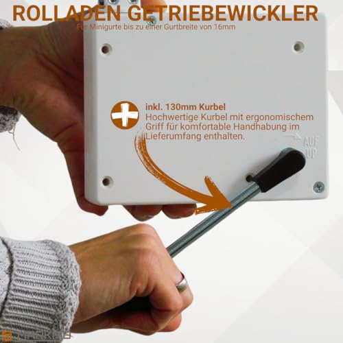 Foto von markiso 1x Rolladen Gurtwickler Aufputz 16 mm mit Kurbel Querformat | Gurtroller für Rollos | Getriebewickler für Rolladengurt | Ersatzteil für Außenrollladen