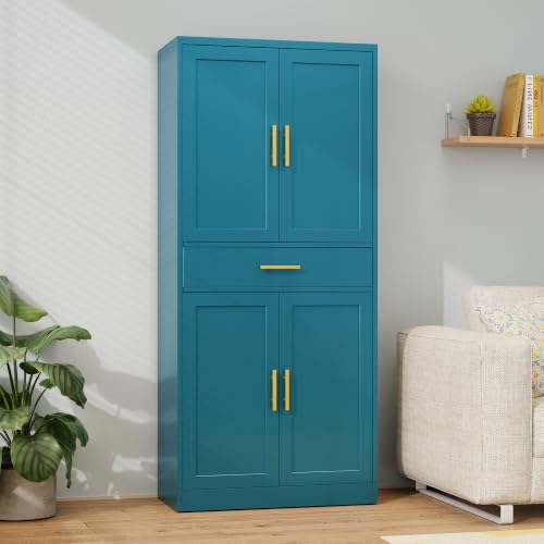 Image of Wanfu Metal Kitchen Pantry Cabinet, 71 inch Tall Kitchen Storage Cabinet with 1 Drawer, Doors and 2 Adjustable Shelves, Metal Storage Cabinet for Kitchen, Dining Room, Living Room- Blue