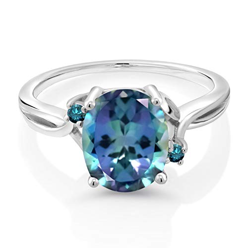 Gem Stone King 925 Sterling Silver Millennium Blue Mystic Topaz and Blue Diamond 3 Stone Ring For Women (3.03 Cttw, Oval 10X8MM, Gemstone Birthstone, Available In Size 5, 6, 7, 8, 9)2