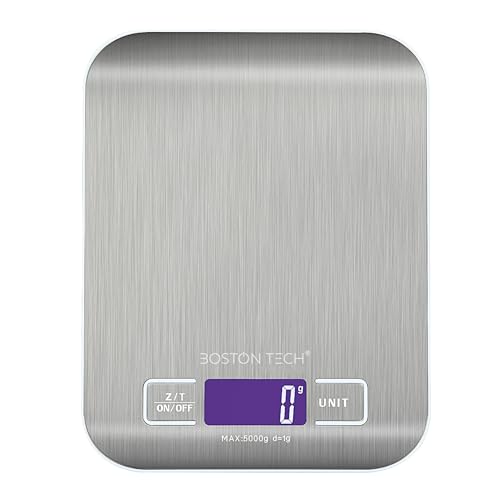 Balance de cuisine numérique Boston Tech - Acier inoxydable, haute précision, étanche, capacité de 5 kg, écran LCD, fonction tare, livre de recettes inclus (HK105)