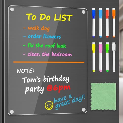 Image of PigPotParty Clear Acrylic Magnetic Whiteboard for Fridge, 1 Pack 9.5 inchx12 inch Dry Erase Board Blank Memo to Do Shopping /Grocery List Meal Planner Chore Chart for Adult Teens Kids, w / 8 Markers & 1 Towel