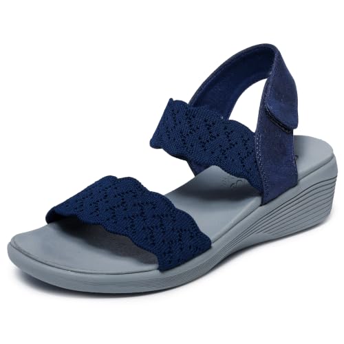 Image of Skechers Women's Arya - on the Rise | Luxe Foam Cushioned Footbed, Scalloped Knit Upper, Machine Washable, Vegan, Adjustable Backstrap, Low 1.25 inch Wedge