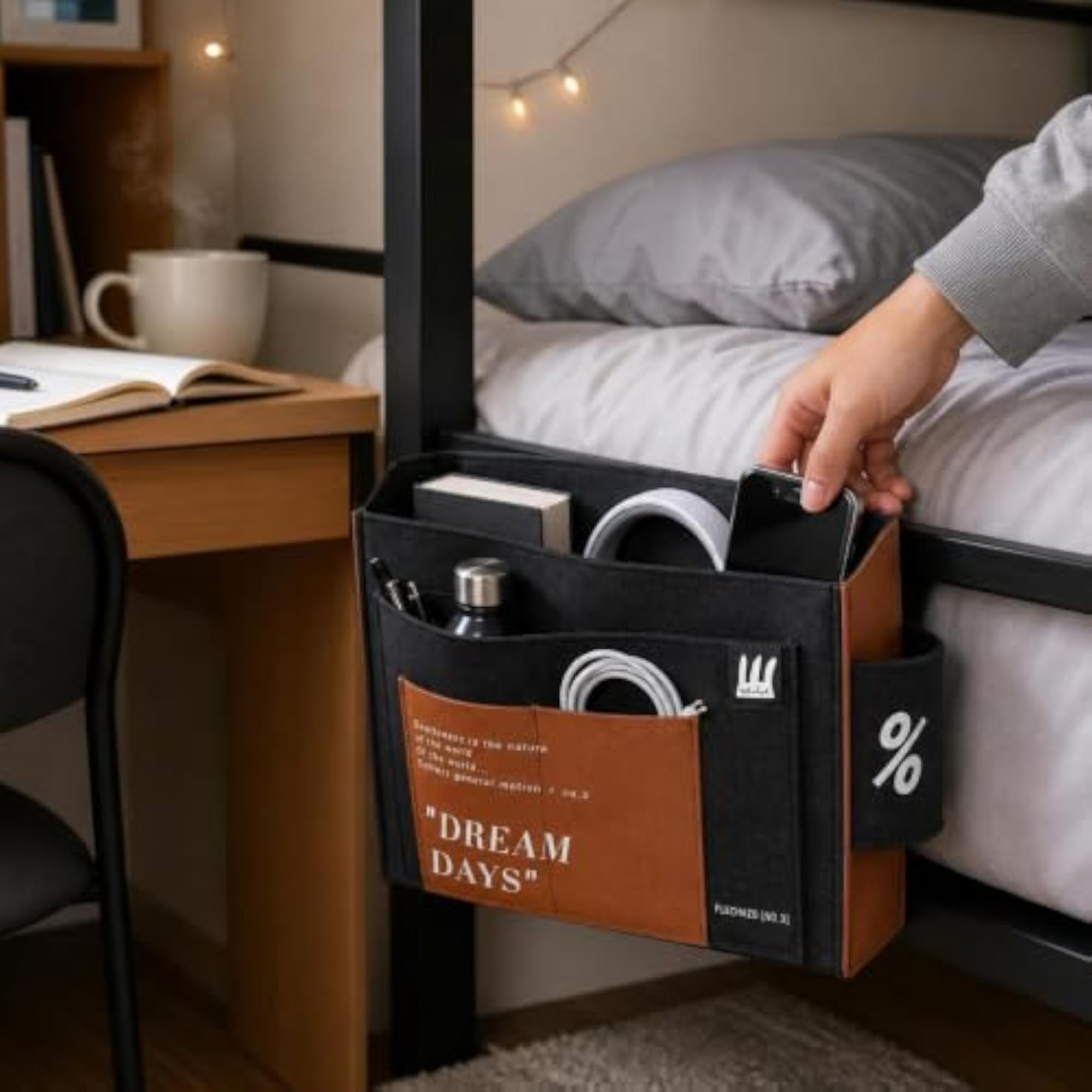 Fabric Bedside Hanging Organizer for Dorm Bunk Beds, Sakura Pink