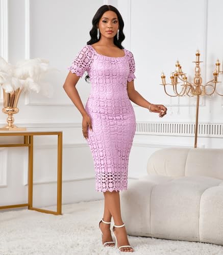 Image of Cololura Elegant Sexy Floral Lace Short Sleeve Off Shoulder Evening Gown Party Formal Bodycon Midi Dress