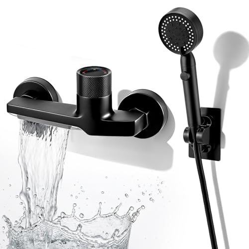 Eirolace Robinet de baignoire cascade avec douchette à main, mitigeur de douche 5 fonctions avec tuyau en PVC de 1,5 m et support mural, mélangeur de bain et...