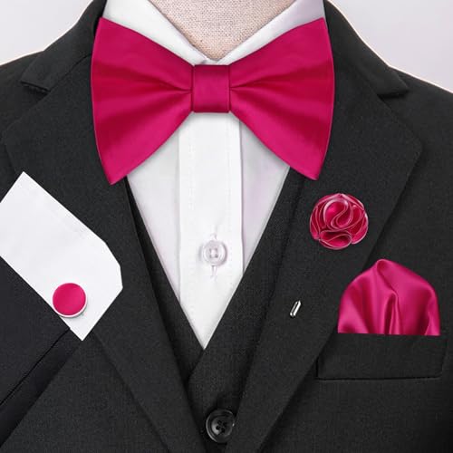 Image of Alizeal Mens 4pcs Formal Solid Bow Tie Set | Pre-tied Pocket Square Cufflinks Boutonniere for Wedding Everyday Use